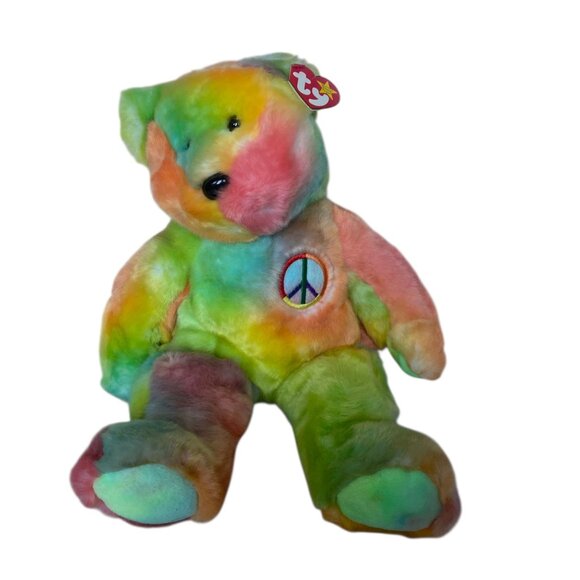 Ty Beanie Buddies Collection Peace Bear Plush 1999 14” Tie Dye Smoke-Free Home - Picture 1 of 13